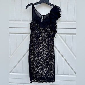 The Limited Black Lace Sheath Dress Nude Lining Ruffle One Shoulder  Size M